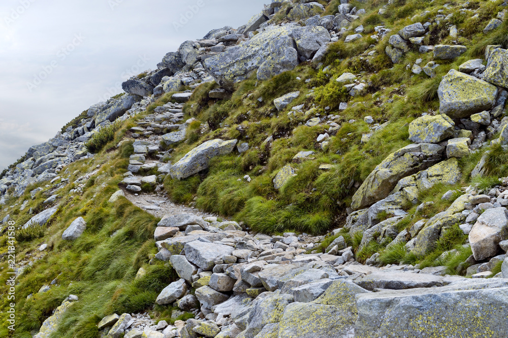 Rocky trail to mountain Velka svistovka in Tatra mountain, Slovakia.