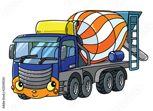 Funny concrete mixer truck with eyes and mouth