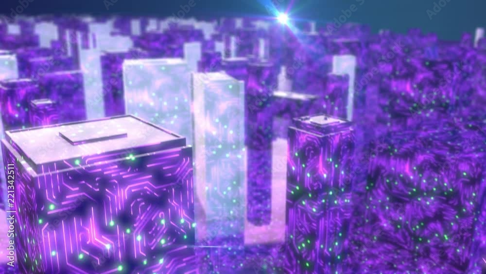 Seamless looping 3d animated buildings with an ultra violet circuit board texture and green blinking lights in 4K resolution Seamless looping 3d animated buildings with an ultra violet circuit board texture and green blinking lights in 4K resolution