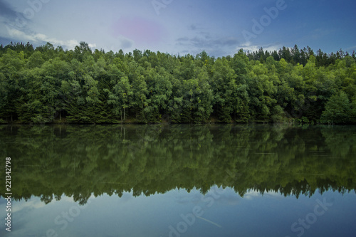 Fototapeta Naklejka Na Ścianę i Meble -  Grüne Bäume und ein blauer Himmel am Rösper Weiher