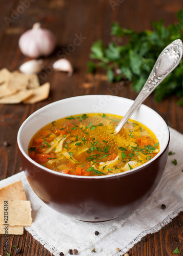 Homemade chicken soup with noodles