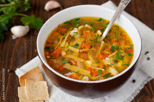 Homemade chicken soup with noodles