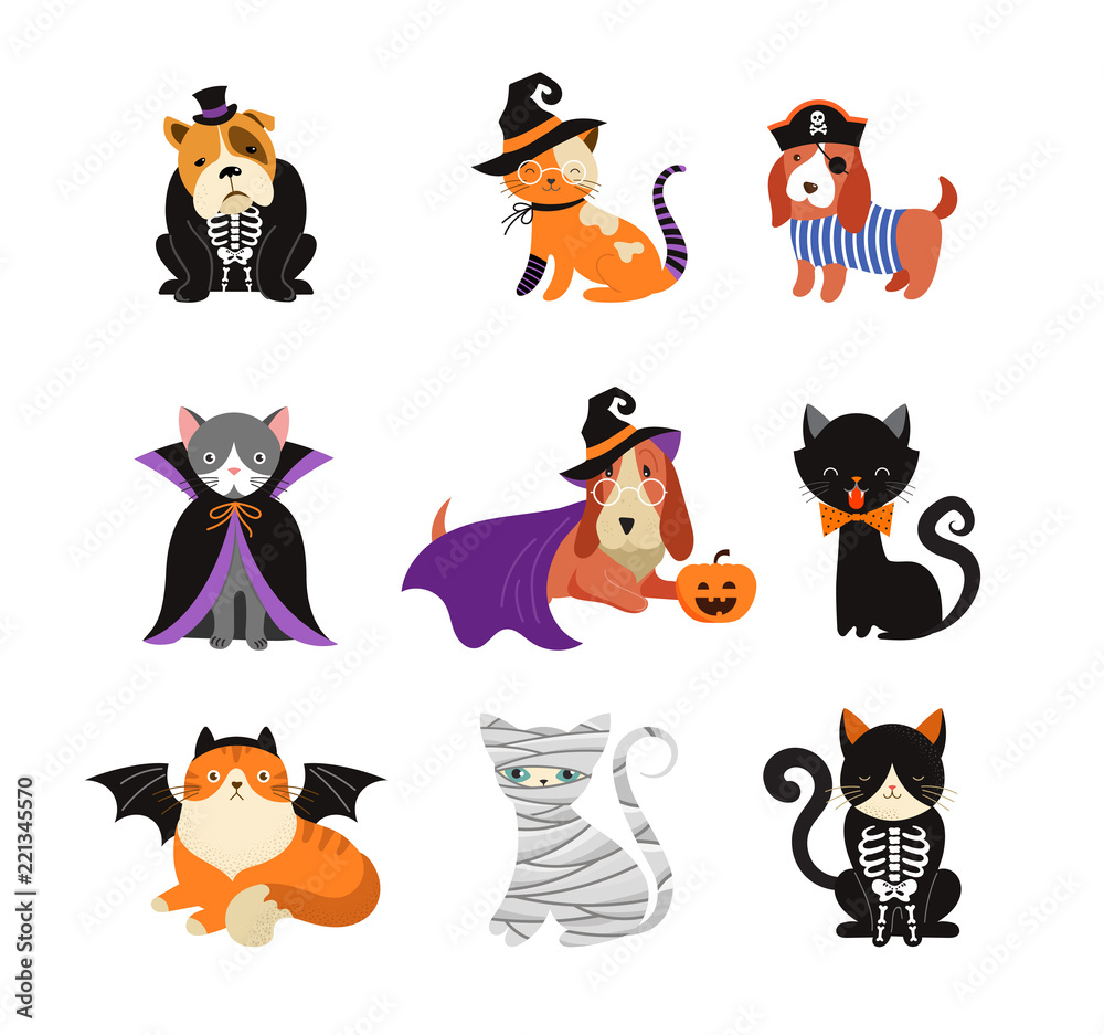 Obraz premium Happy Halloween - cats and dogs in monsters costumes, Halloween party. Vector illustration, banner, elements set