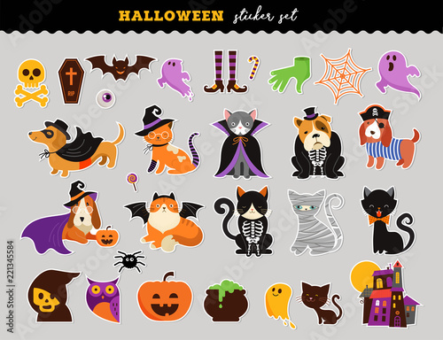 Happy Halloween - stickers set of cats and dogs in monsters costumes, Halloween party. Vector illustration, banner, elements set