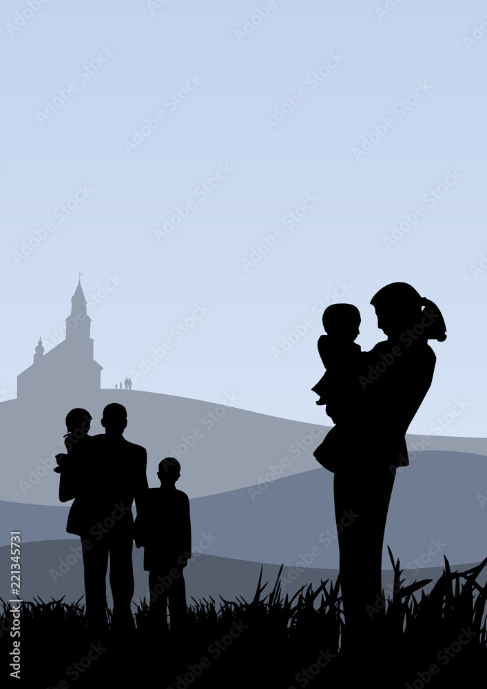 Young people with children going to church vector holiday catholic