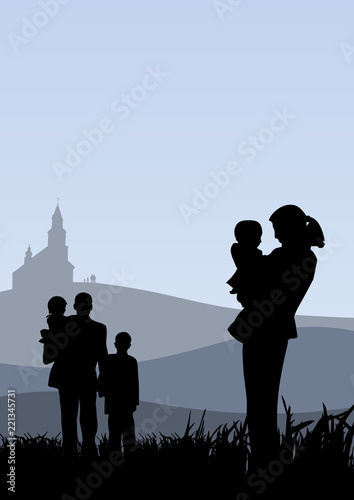 Young people with children going to church vector holiday catholic illustration
