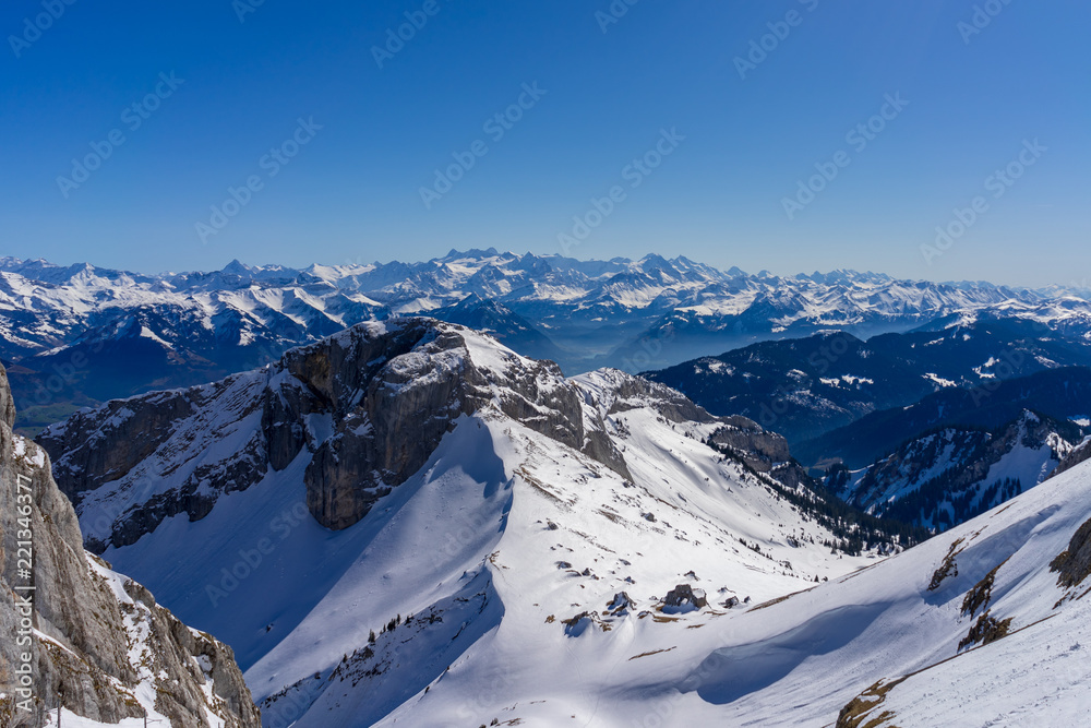 Scenery from top Mount Pilatus on a bright April Day