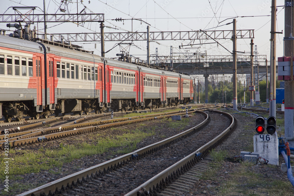 Moving train on the railway station