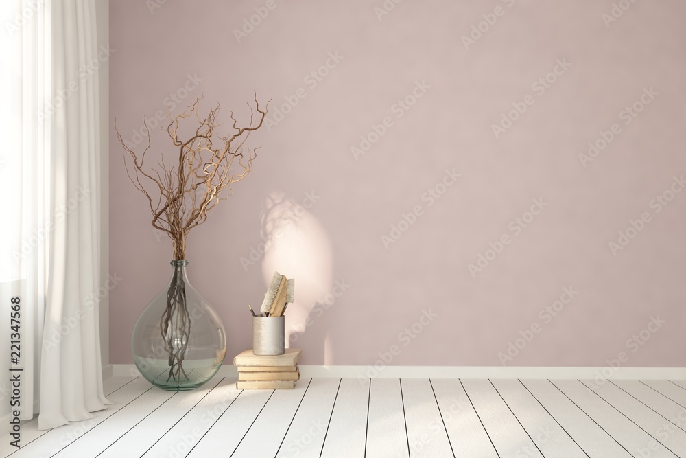 Mock up of white empty room with vase. Scandinavian interior design. 3D illustration