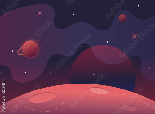 Flag in space.Milky Way.Red planet landscape vector illustration.Background for text.Surface of the planet craters.Space decoration design.Stars and comets on starry background.cosmic banner.Mars