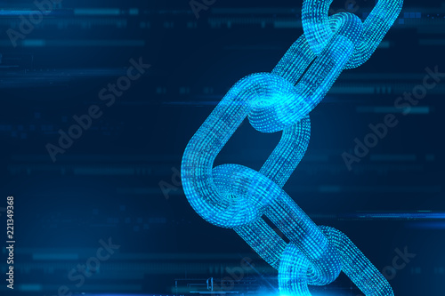 Block chain. Crypto currency. Blockchain concept. 3D wireframe chain with digital code. Editable cryptocurrency template. 3D illustration.