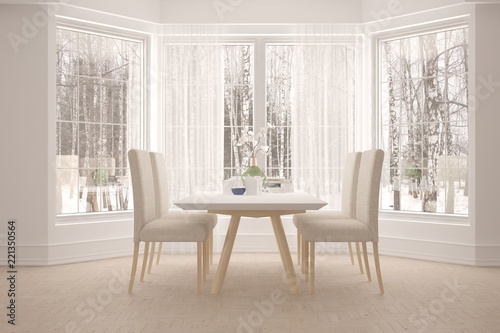 White dinner room with winter landscape in window. Scandinavian interior design. 3D illustration