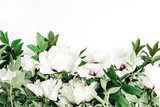 White peonies bouquet on white background. Flat lay, top view.
