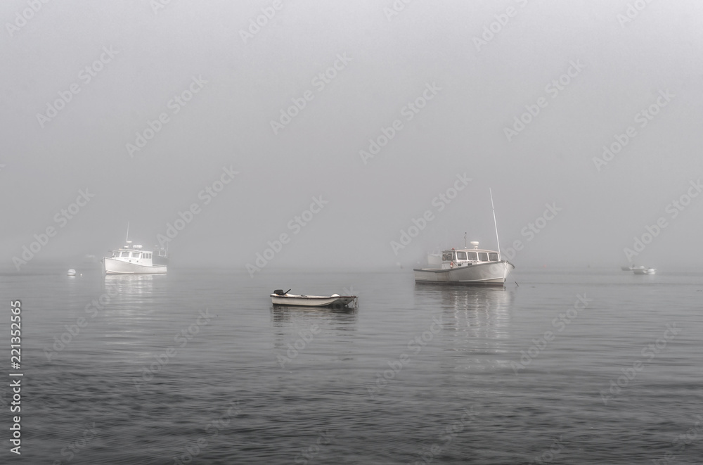 Moored Boats in Foggy Waters