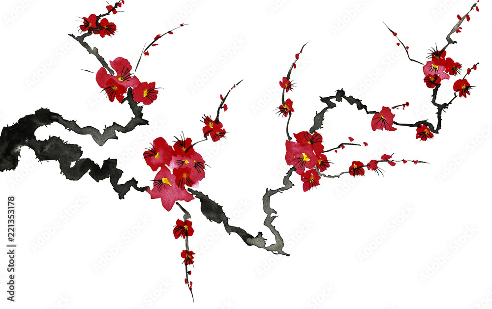 Fototapeta premium A branch of a blossoming tree. Pink and red stylized flowers of plum mei, wild apricots and sakura . Watercolor and ink illustration in style sumi-e, u-sin. Oriental traditional painting.