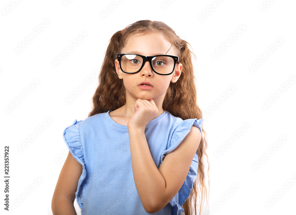 Surprising serious girl in eye glasses thinking and looking isolated on white background with empty copy spase. Surprising serious girl in eye glasses thinking and looking isolated on white background with empty copy spase.