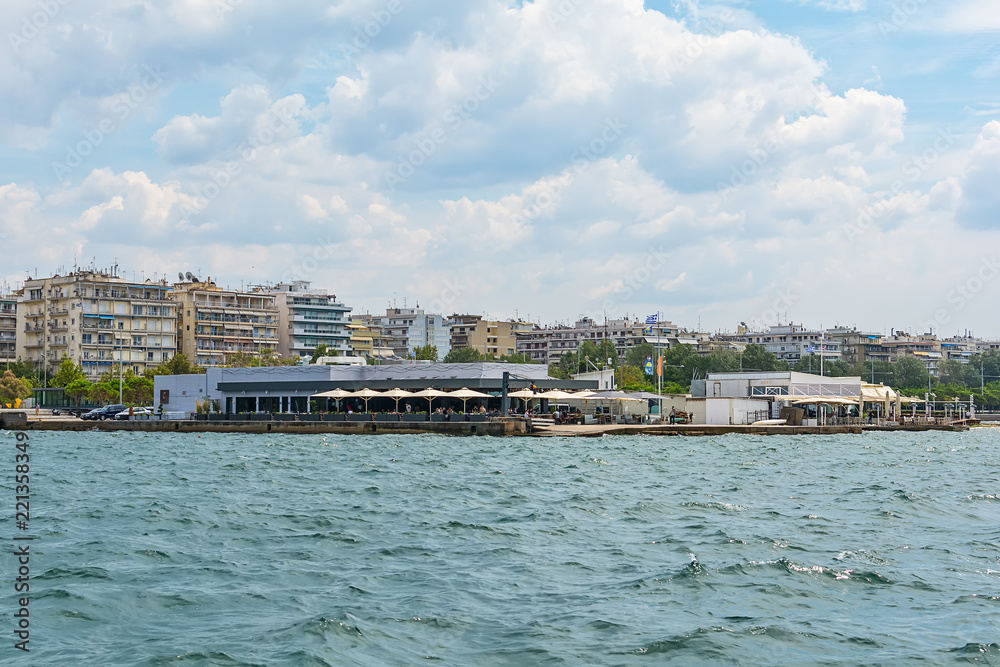 Thessaloniki, Greece - August 16, 2018: View of Thessaloniki from the sea and Marine Friends Group