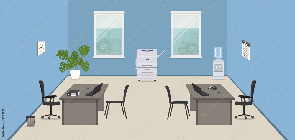 Blue office room. There are gray desks, black chairs, a copy machine, a water cooler, a flower on a windows background in the picture. Workplace for two office workers. Vector illustration. Blue office room. There are gray desks, black chairs, a copy machine, a water cooler, a flower on a windows background in the picture. Workplace for two office workers. Vector illustration.