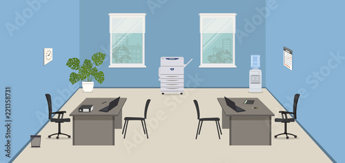 Blue office room. There are gray desks, black chairs, a copy machine, a water cooler, a flower on a windows background in the picture. Workplace for two office workers. Vector illustration.