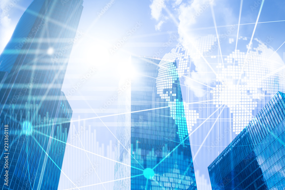 Obraz premium Double exposure mixed media. 3D Earth planet hologram and communication structure. World wide network and globalization concept.