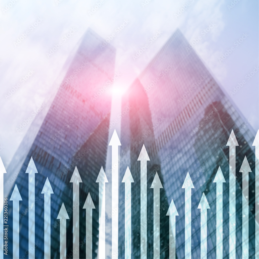 Up arrow graph on skyscraper background. Invesment and financial growth concept. Up arrow graph on skyscraper background. Invesment and financial growth concept.