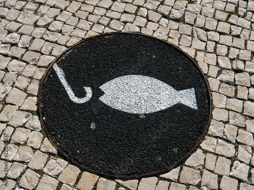 From above shot of white marking of fish on asphalt pavement on street near sea shore beach Lisbon, Portugal, 