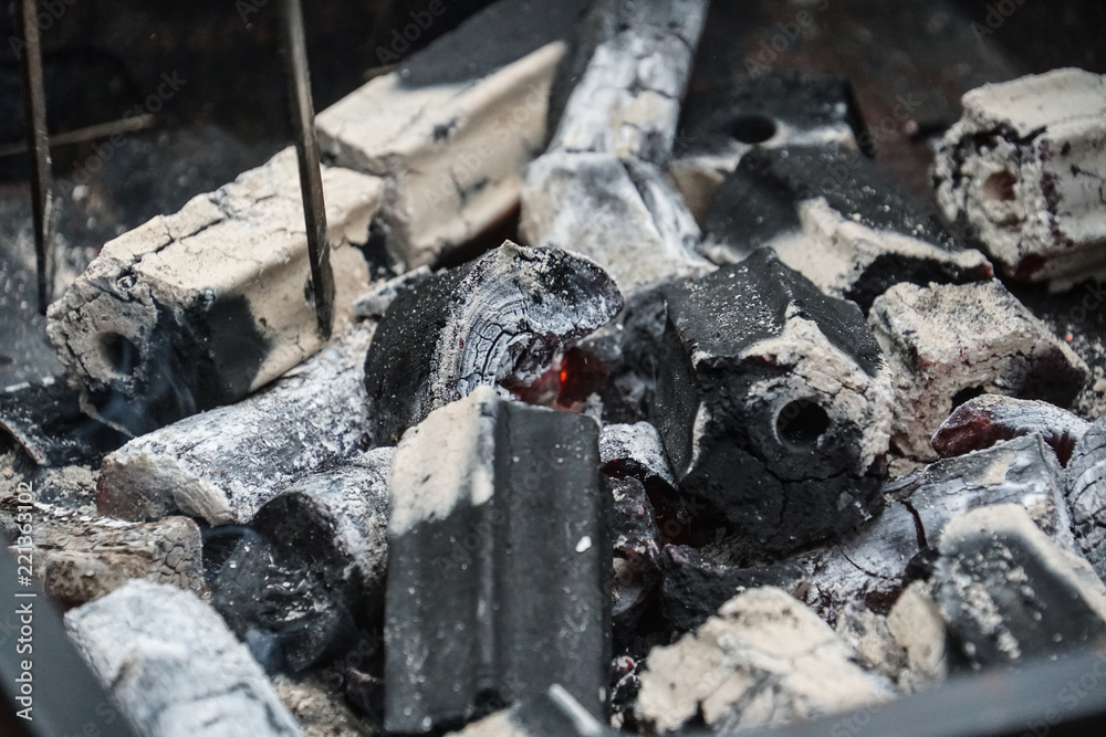 burning charcoal in the barbecue stove