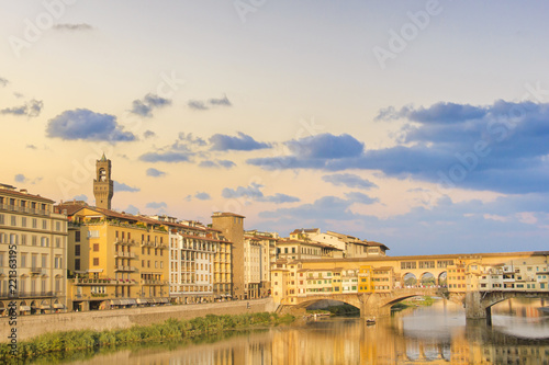 Beautiful view of the Ponte Vecchio bridge across the Arno River in Florence, Italy