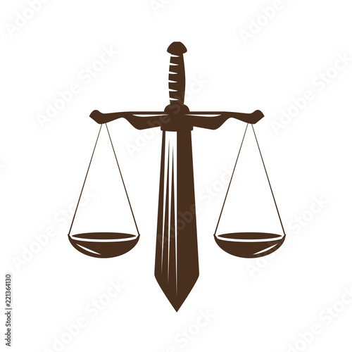 Justice, judgment icon. Law office, attorney, lawyer logo or label. Judicial scales and sword symbol, vector