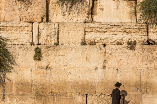 Orthodox jewish man prays at the Wailing Wall