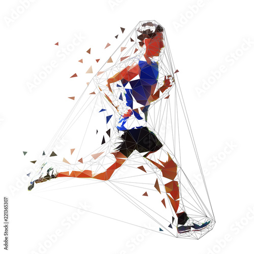 Running man, low poly geometric vector illustration. Young athlete, side view