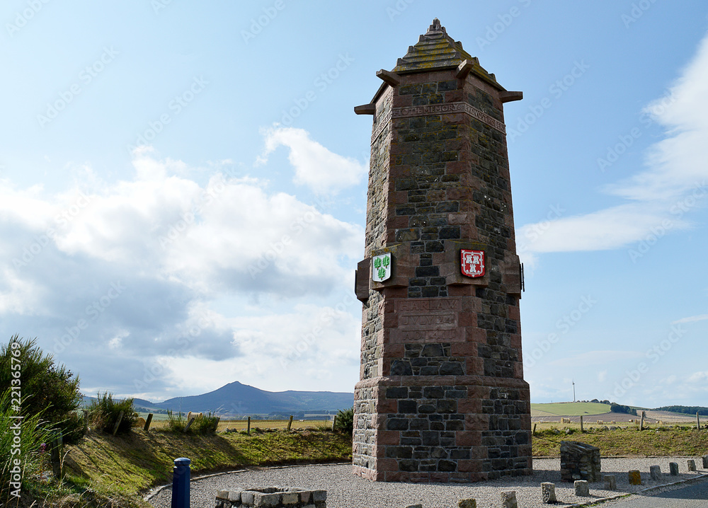 Battle of Harlaw Memorial, near Inverurie, Scotland, with the hill of Bennachie behind