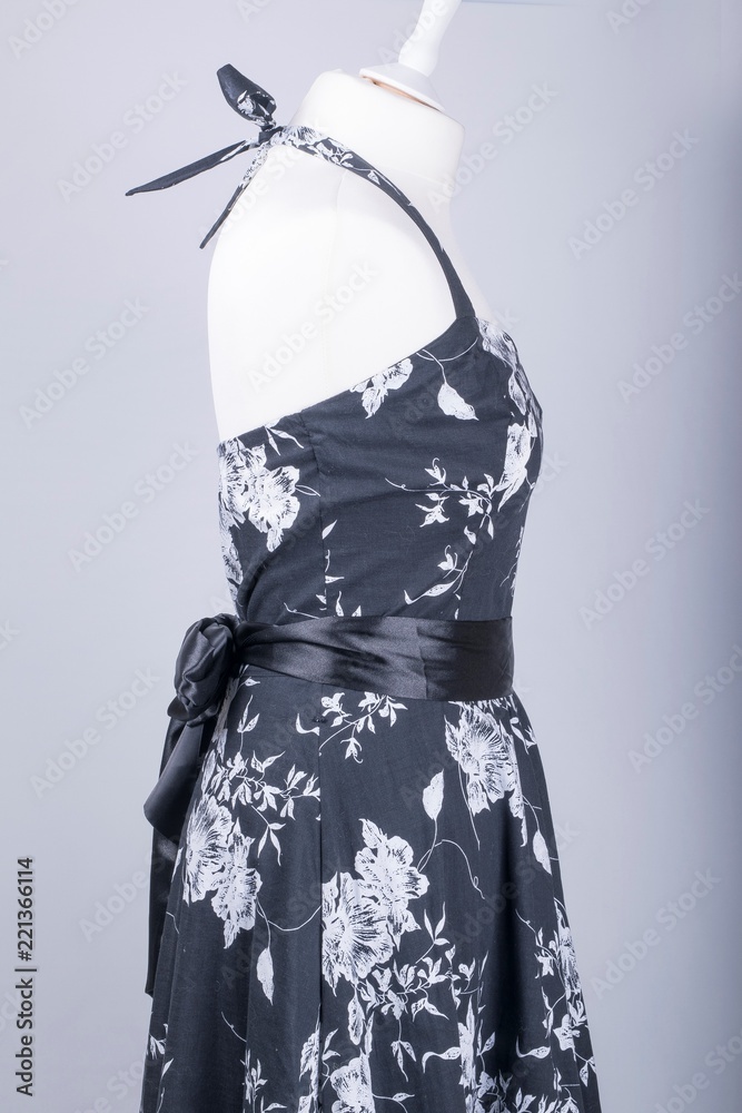 Tailors Mannequin dressed in a Black and White Floral Dress with Satin Bow