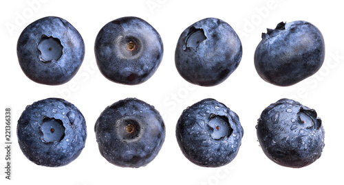 Set of fresh blueberry with water drops isolated on white background.