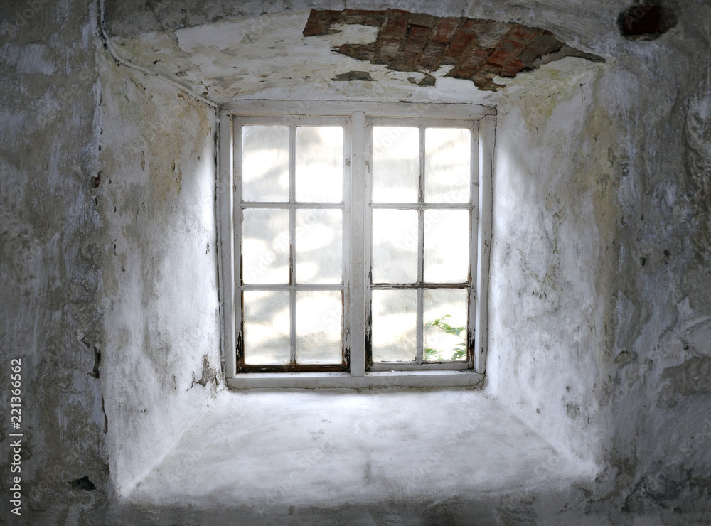 Old textured and dirty white window.