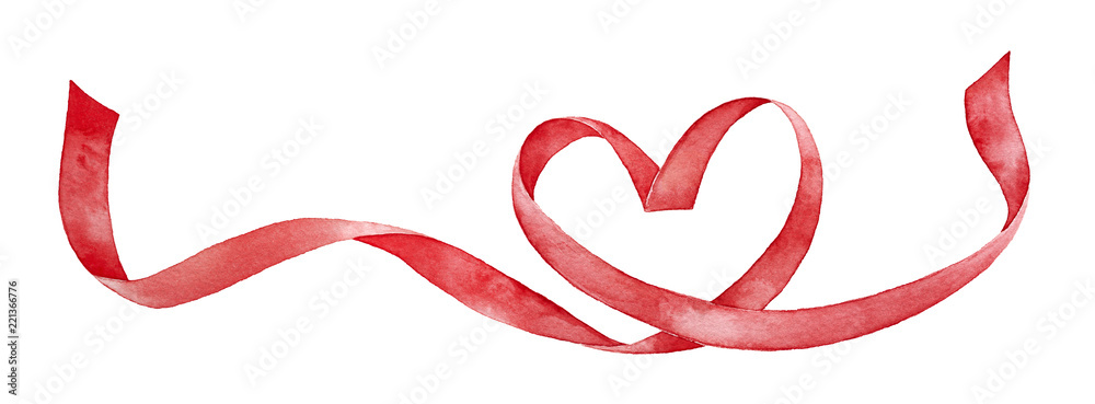 Red ribbon shaped as love heart. Hand drawn water color gradient painting  on white background, cutout element for design decoration. Valentine's day  card, wedding invitation, medical cardio graphic. Stock Illustration | Adobe