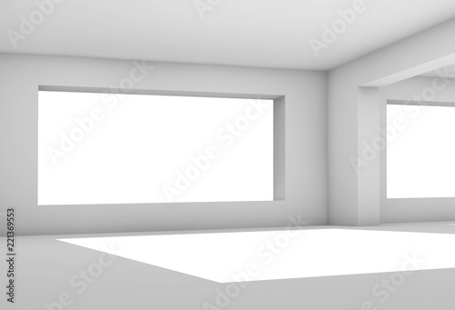 Empty white room with wide window, 3 d