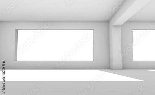 Empty 3d white room with wide windows