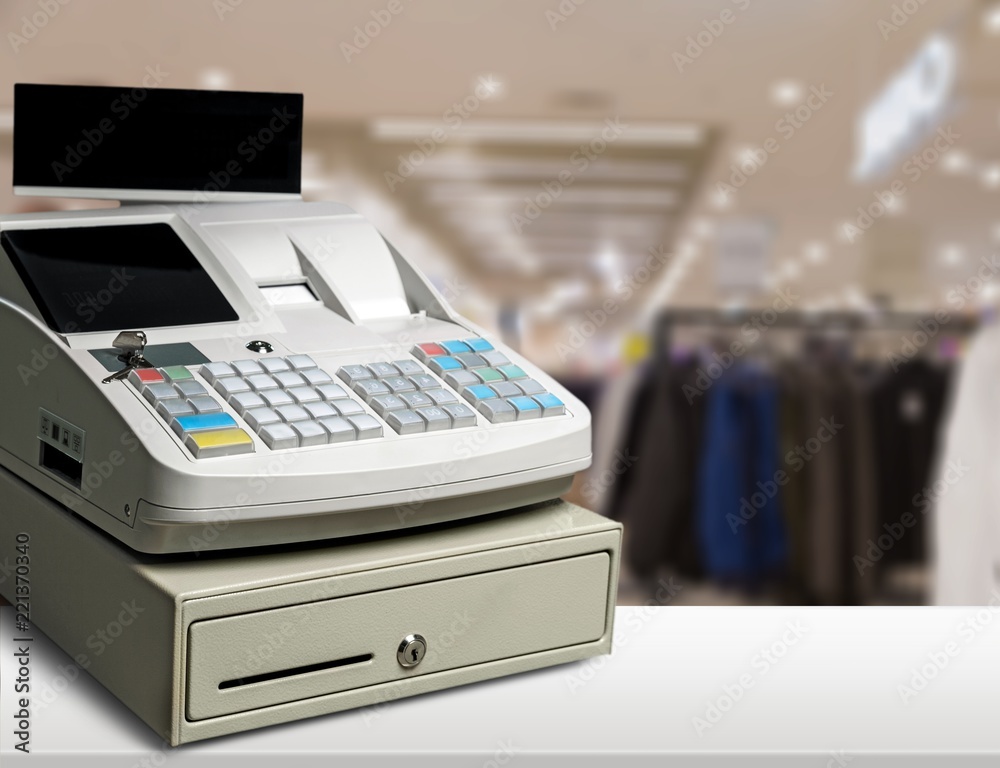 Cash register with LCD display on background Cash register with LCD display on background