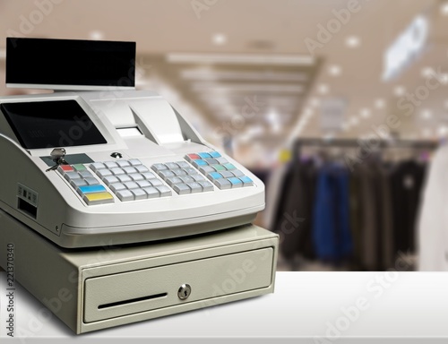 Cash register with LCD display on background