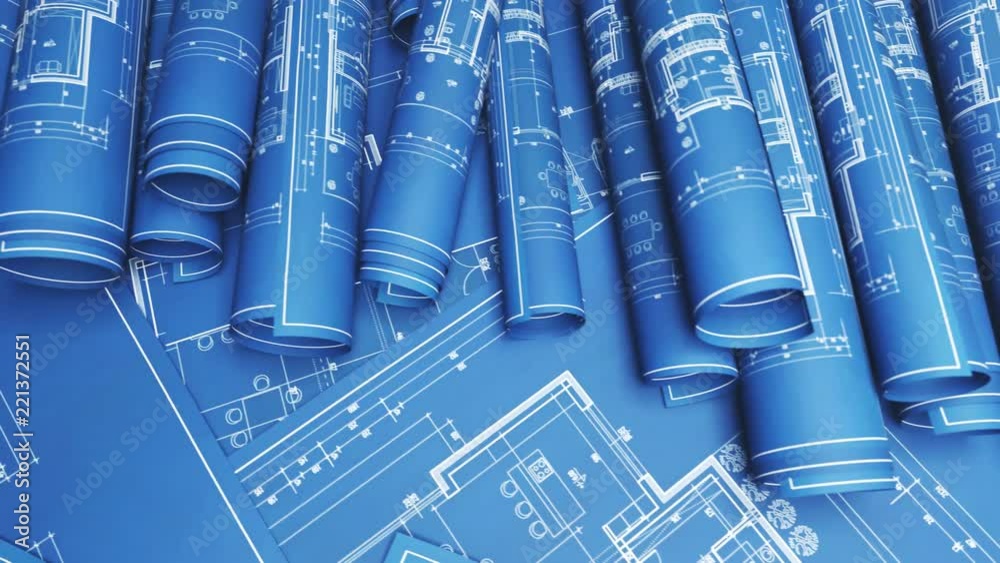 Stack of classic architectural blueprint rolls. Drawings of project plans. 4KHD