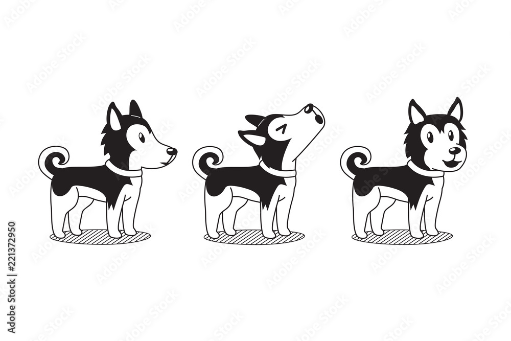 Vector cartoon character cute siberian husky dog poses for design.