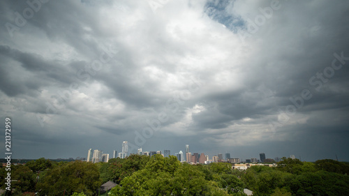 Downtown Austin Skyline from Roof Top With Storm Clouds in the Sky