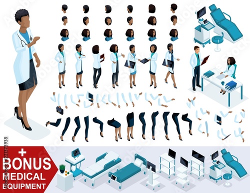 Isometric Woman Doctor African American  create your 3D surgeon  sets of gestures of the feet  hands and emotions. Bonus medical equipment  set 4