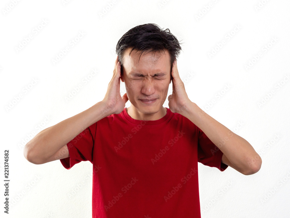 Headshot man stressed on white background, Asians wear red short sleeves. Headshot man stressed on white background, Asians wear red short sleeves.