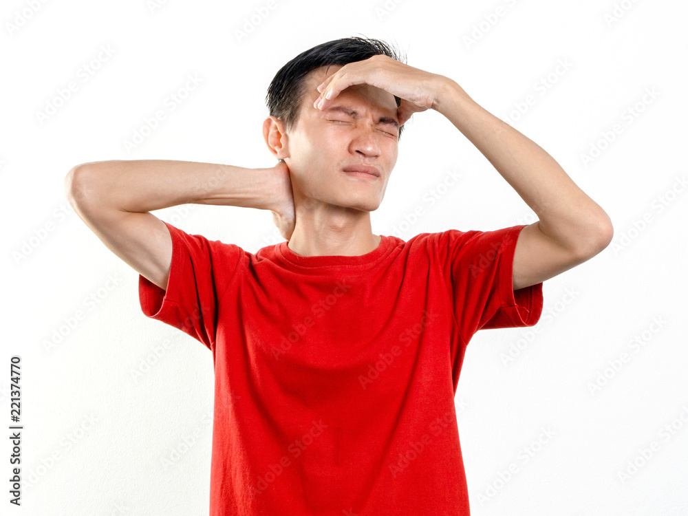 Headshot man headache on white background. Asians wear red short sleeves. Headshot man headache on white background. Asians wear red short sleeves.