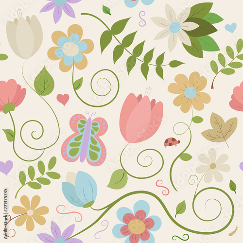 Seamless Floral Pattern on a Light Cream Background