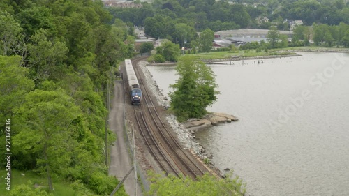 Aerial of Commuter Train by the Hudson River