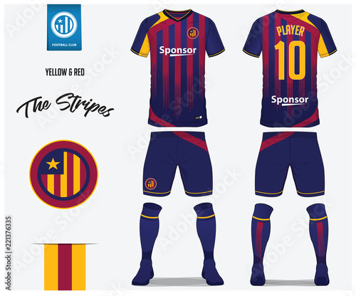 Soccer jersey or football kit template for football club. Red and blue stripe football shirt with sock and blue shorts mock up. Front and back view soccer uniform. Football logo design. Vector.