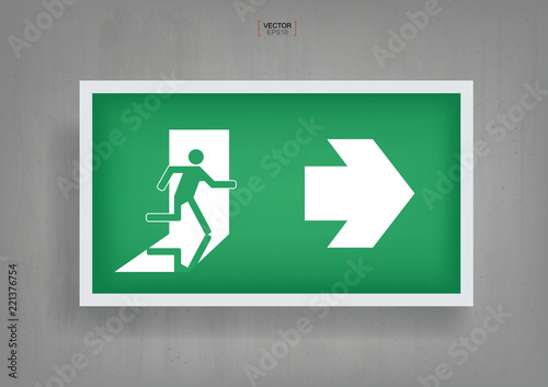 Emergency fire exit door symbol on gray concrete background. Vector.